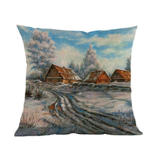 Load image into Gallery viewer, Oil Painting Style Pillow Covers Winter Rural Landscape Cabins Woods And Rivers In Snow Linen Cotton Pillow Case Home Sofa Decoration Cushion Cover Woodland Tree Decorative Throw Pillow Covers Square Outdoor Pillow Case 45X45CM