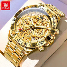 Load image into Gallery viewer, OLEVS Lxuxry Brand Gold Men's Watches Full Skeleton Stainless steel Chronograph Wristwatch Waterproof Luminous Quartz Watch Men