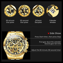 Load image into Gallery viewer, OLEVS Lxuxry Brand Gold Men's Watches Full Skeleton Stainless steel Chronograph Wristwatch Waterproof Luminous Quartz Watch Men