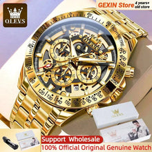 Load image into Gallery viewer, OLEVS Lxuxry Brand Gold Men's Watches Full Skeleton Stainless steel Chronograph Wristwatch Waterproof Luminous Quartz Watch Men