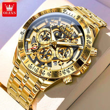 Load image into Gallery viewer, OLEVS Lxuxry Brand Gold Men's Watches Full Skeleton Stainless steel Chronograph Wristwatch Waterproof Luminous Quartz Watch Men