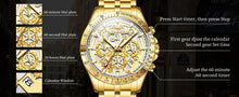 Load image into Gallery viewer, OLEVS Lxuxry Brand Gold Men's Watches Full Skeleton Stainless steel Chronograph Wristwatch Waterproof Luminous Quartz Watch Men