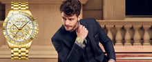 Load image into Gallery viewer, OLEVS Lxuxry Brand Gold Men's Watches Full Skeleton Stainless steel Chronograph Wristwatch Waterproof Luminous Quartz Watch Men