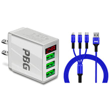 Load image into Gallery viewer, PBG 3 port LED Display Wall Charger and 3 in 1 Cable Bundle Blue