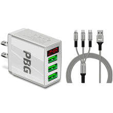 Load image into Gallery viewer, PBG 3 port LED Display Wall Charger and 3 in 1 Cable Bundle Silver