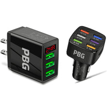 Load image into Gallery viewer, PBG 3 Port LED Voltage Wall Charger and 6 Port Car Charger Black/Black