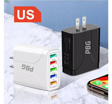Load image into Gallery viewer, PBG Black 5-Port LED Wall Charger & QC 3-in-1 Nylon Braided Fast Charging Cable