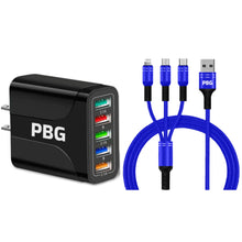 Load image into Gallery viewer, PBG Black 5-Port LED Wall Charger & QC 3-in-1 Nylon Braided Fast Charging Cable