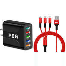 Load image into Gallery viewer, PBG Black 5-Port LED Wall Charger & QC 3-in-1 Nylon Braided Fast Charging Cable