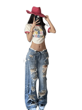 Load image into Gallery viewer, Plus Size American High Street Wide Leg Ripped Denim Women's Summer Retro High Waist Straight-leg Loose Mop Pants Pants