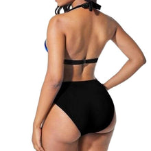 Load image into Gallery viewer, Plus Size Neon Striped Bikini Set Push Up Women High Waist Bikini Set Halter Two Piece Bathing Suits Crisscross Tummy Control Swimsuit Push Up Swimwear Women High Waist Halter Beach Swimwear Retro Bathing Suit Swimming Suit