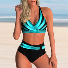 Load image into Gallery viewer, Plus Size Neon Striped Bikini Set Push Up Women High Waist Bikini Set Halter Two Piece Bathing Suits Crisscross Tummy Control Swimsuit Push Up Swimwear Women High Waist Halter Beach Swimwear Retro Bathing Suit Swimming Suit