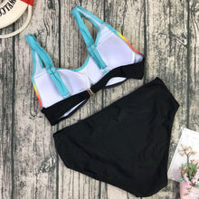 Load image into Gallery viewer, Plus Size Neon Striped Bikini Set Push Up Women High Waist Bikini Set Halter Two Piece Bathing Suits Crisscross Tummy Control Swimsuit Push Up Swimwear Women High Waist Halter Beach Swimwear Retro Bathing Suit Swimming Suit