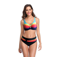 Load image into Gallery viewer, Plus Size Neon Striped Bikini Set Push Up Women High Waist Bikini Set Halter Two Piece Bathing Suits Crisscross Tummy Control Swimsuit Push Up Swimwear Women High Waist Halter Beach Swimwear Retro Bathing Suit Swimming Suit