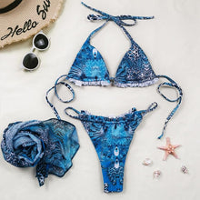 Load image into Gallery viewer, Print Swimsuit 3 Piece Mesh Bikini Set Women's Ribbed Floral Bikini Set Tie Side Swimsuit Cover Ups Daisy Butterfly Print Three Piece Bikini Swimwear Triangle Micro Bikini String Halter Swimwear Women Low Waist Bathing Suit