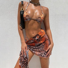 Load image into Gallery viewer, Print Swimsuit 3 Piece Mesh Bikini Set Women's Ribbed Floral Bikini Set Tie Side Swimsuit Cover Ups Daisy Butterfly Print Three Piece Bikini Swimwear Triangle Micro Bikini String Halter Swimwear Women Low Waist Bathing Suit