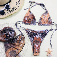 Load image into Gallery viewer, Print Swimsuit 3 Piece Mesh Bikini Set Women's Ribbed Floral Bikini Set Tie Side Swimsuit Cover Ups Daisy Butterfly Print Three Piece Bikini Swimwear Triangle Micro Bikini String Halter Swimwear Women Low Waist Bathing Suit