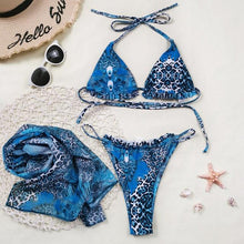 Load image into Gallery viewer, Print Swimsuit 3 Piece Mesh Bikini Set Women's Ribbed Floral Bikini Set Tie Side Swimsuit Cover Ups Daisy Butterfly Print Three Piece Bikini Swimwear Triangle Micro Bikini String Halter Swimwear Women Low Waist Bathing Suit