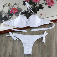 Load image into Gallery viewer, Bikini Solid Strappy Bandage Bikinis Set White Push Up Bikini Swimwear Swimsuit Bathing Suit Women's Ribbed Tie Bikini Adjustable Lace Up Bottom String Women Swimsuit