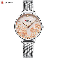 Load image into Gallery viewer, Womens Elegant Waterproof Clock With Decoupage Flower Details In Variant With Leather And Stainless Steel Knitted Belts