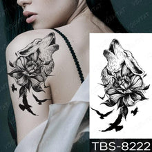 Load image into Gallery viewer, Black Sketchs Flowers Waterproof Temporary Tattoo Sticker Chest Flash Tattoo Wolf Diamond Flower Body Art Arm Fake Tattoo For Womens Men
