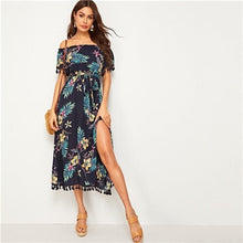 Load image into Gallery viewer, Navy Tropical Print Tassel Long Dresses