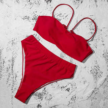 Load image into Gallery viewer, Bikinis Solid Push Up Bikini Padded Bra Straps High Waist Swimsuit Female Swimwear Women's Bathing Suit Lace up Bikini Ribbed Two Piece Swimsuit