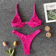 Load image into Gallery viewer, Neon V-bar Underwired Bikini Female Ribbed Swimsuit Women Swimwear Two-pieces Bikini set Push up Bathing Suit