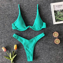 Load image into Gallery viewer, Neon V-bar Underwired Bikini Female Ribbed Swimsuit Women Swimwear Two-pieces Bikini set Push up Bathing Suit