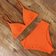 Load image into Gallery viewer, Bikini Swimwear Swimsuit Women Solid Bathing Suit Bikini Set With Pad Female High Waist Beachwear Women Bikini Swimsuits 2 Piece Deep V Neck Swimwear Adjustable Strap Back Bathing Suits