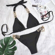 Load image into Gallery viewer, Luxury Purple Halter Crystal Diamond Bikini Female Swimsuit Women Swimwear Rhinestone Bikini Set Bathing Suit Women's Swimwear Rhinestone Halter Low Waist Tie Side Bikini Set 2 Pieces Crystal Diamond Swimsuit
