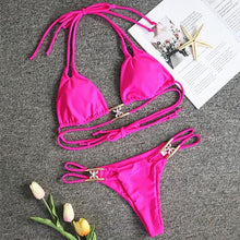 Load image into Gallery viewer, Luxury Purple Halter Crystal Diamond Bikini Female Swimsuit Women Swimwear Rhinestone Bikini Set Bathing Suit Women's Swimwear Rhinestone Halter Low Waist Tie Side Bikini Set 2 Pieces Crystal Diamond Swimsuit