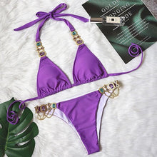 Load image into Gallery viewer, Luxury Purple Halter Crystal Diamond Bikini Female Swimsuit Women Swimwear Rhinestone Bikini Set Bathing Suit Women's Swimwear Rhinestone Halter Low Waist Tie Side Bikini Set 2 Pieces Crystal Diamond Swimsuit