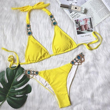 Load image into Gallery viewer, Luxury Purple Halter Crystal Diamond Bikini Female Swimsuit Women Swimwear Rhinestone Bikini Set Bathing Suit Women's Swimwear Rhinestone Halter Low Waist Tie Side Bikini Set 2 Pieces Crystal Diamond Swimsuit