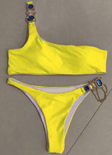 Load image into Gallery viewer, Luxury Purple Halter Crystal Diamond Bikini Female Swimsuit Women Swimwear Rhinestone Bikini Set Bathing Suit Women's Swimwear Rhinestone Halter Low Waist Tie Side Bikini Set 2 Pieces Crystal Diamond Swimsuit