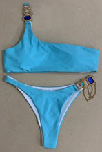 Load image into Gallery viewer, Luxury Purple Halter Crystal Diamond Bikini Female Swimsuit Women Swimwear Rhinestone Bikini Set Bathing Suit Women's Swimwear Rhinestone Halter Low Waist Tie Side Bikini Set 2 Pieces Crystal Diamond Swimsuit