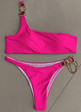 Load image into Gallery viewer, Luxury Purple Halter Crystal Diamond Bikini Female Swimsuit Women Swimwear Rhinestone Bikini Set Bathing Suit Women's Swimwear Rhinestone Halter Low Waist Tie Side Bikini Set 2 Pieces Crystal Diamond Swimsuit