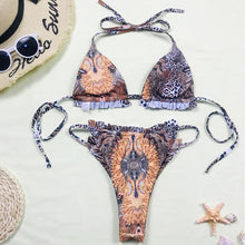 Load image into Gallery viewer, Print Swimsuit 3 Piece Mesh Bikini Set Women's Ribbed Floral Bikini Set Tie Side Swimsuit Cover Ups Daisy Butterfly Print Three Piece Bikini Swimwear Triangle Micro Bikini String Halter Swimwear Women Low Waist Bathing Suit