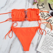 Load image into Gallery viewer, Bikini Women Swimsuit Female Low Waist Swimwear Women Beach Mini Thong Bikini Set Bathing Suit Women Thong Swimsuits Strapless 2 Piece Bikini String Tie Ruffle Brazilian Bathing Suit