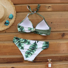Load image into Gallery viewer, Push Up Women Bikinis Swimwear Women's Bathing Suits Push Up Halter Bandage Bikini Floral Printing Swim Bottoms Two Piece Swimsuits Women Swimsuits Bathing Suit Halter Leaf Print Beach Wear Plus Size