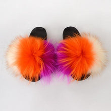 Load image into Gallery viewer, Summer Women Raccoon Fur Slippers Plush Slides Furry Sandals Fluffy House Shoes Girl's Cute Flip Flops Sandal With Soft Furry Faux Fox Fur House Outdoor Multicolor Slippers