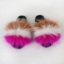 Load image into Gallery viewer, Summer Women Raccoon Fur Slippers Plush Slides Furry Sandals Fluffy House Shoes Girl's Cute Flip Flops Sandal With Soft Furry Faux Fox Fur House Outdoor Multicolor Slippers