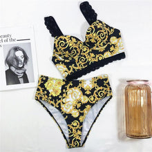 Load image into Gallery viewer, Vintage Black Print Women's Bikini Set Women's Halter Beautiful Print High Waist Swimsuit Bathing Suits Bikini Set Lace Strappy Padded Bra High Waist Bottoms Swimsuit Fashion Female Beachwear Luxury Swimwear