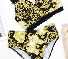 Load image into Gallery viewer, Vintage Black Print Women's Bikini Set Women's Halter Beautiful Print High Waist Swimsuit Bathing Suits Bikini Set Lace Strappy Padded Bra High Waist Bottoms Swimsuit Fashion Female Beachwear Luxury Swimwear