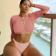 Load image into Gallery viewer, Neon Yellow Crop Top Swimwear Women Summer 3 Pieces Swimsuit Bikini Sets With Sheer Crop Top Cover Up Beachwear Mesh Long Sleeve Cover Ups Top Three Piece Swimsuit Bikini Set