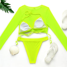 Load image into Gallery viewer, Neon Yellow Crop Top Swimwear Women Summer 3 Pieces Swimsuit Bikini Sets With Sheer Crop Top Cover Up Beachwear Mesh Long Sleeve Cover Ups Top Three Piece Swimsuit Bikini Set