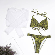 Load image into Gallery viewer, Neon Yellow Crop Top Swimwear Women Summer 3 Pieces Swimsuit Bikini Sets With Sheer Crop Top Cover Up Beachwear Mesh Long Sleeve Cover Ups Top Three Piece Swimsuit Bikini Set