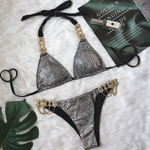 Load image into Gallery viewer, Luxury Purple Halter Crystal Diamond Bikini Female Swimsuit Women Swimwear Rhinestone Bikini Set Bathing Suit Women's Swimwear Rhinestone Halter Low Waist Tie Side Bikini Set 2 Pieces Crystal Diamond Swimsuit