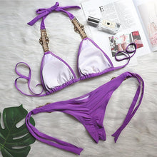 Load image into Gallery viewer, Luxury Purple Halter Crystal Diamond Bikini Female Swimsuit Women Swimwear Rhinestone Bikini Set Bathing Suit Women's Swimwear Rhinestone Halter Low Waist Tie Side Bikini Set 2 Pieces Crystal Diamond Swimsuit