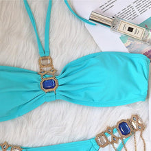Load image into Gallery viewer, Luxury Purple Halter Crystal Diamond Bikini Female Swimsuit Women Swimwear Rhinestone Bikini Set Bathing Suit Women's Swimwear Rhinestone Halter Low Waist Tie Side Bikini Set 2 Pieces Crystal Diamond Swimsuit